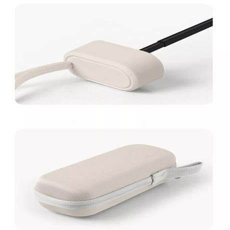 Close-up of the umbrella wrist strap and matching cream zip-up carry case