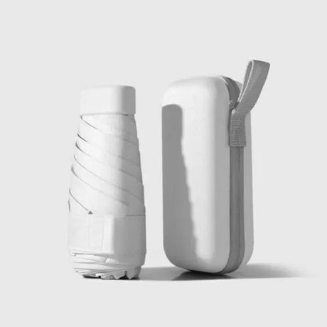 White folded compact travel umbrella beside its matching zip-up carry case