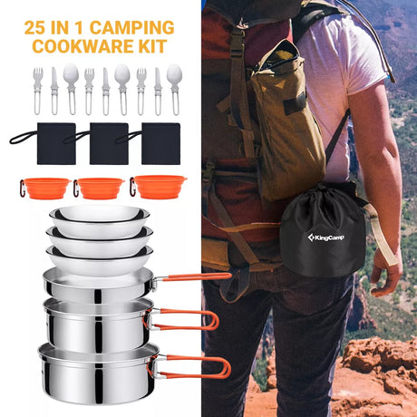 25PCS Stainless Steel Camping Cookware Mess Kit