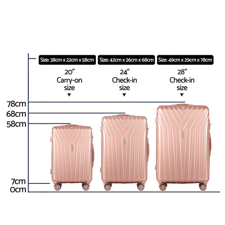 Wanderlite 3pc Luggage Trolley Set Suitcase Travel TSA Hard Case Carry On Pink Lightweight