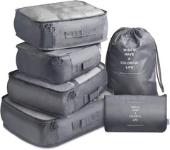Grey 6-piece compression packing cubes set with multiple cube sizes, shoe bag and zip pouch