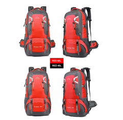 Red 60L waterproof hiking backpack shown front and side views